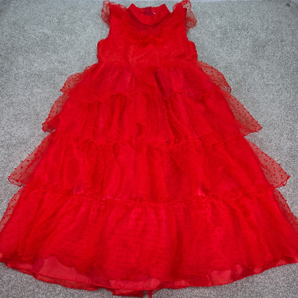 Girls Red Swiss Dot Tiered Ruffle Gown Flutter Maxi Dress Size 160 Halloween